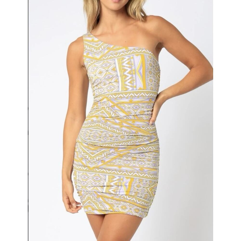 Olivaceous One Shoulder Touched Mini Dress Lilac And Yellow Size Small